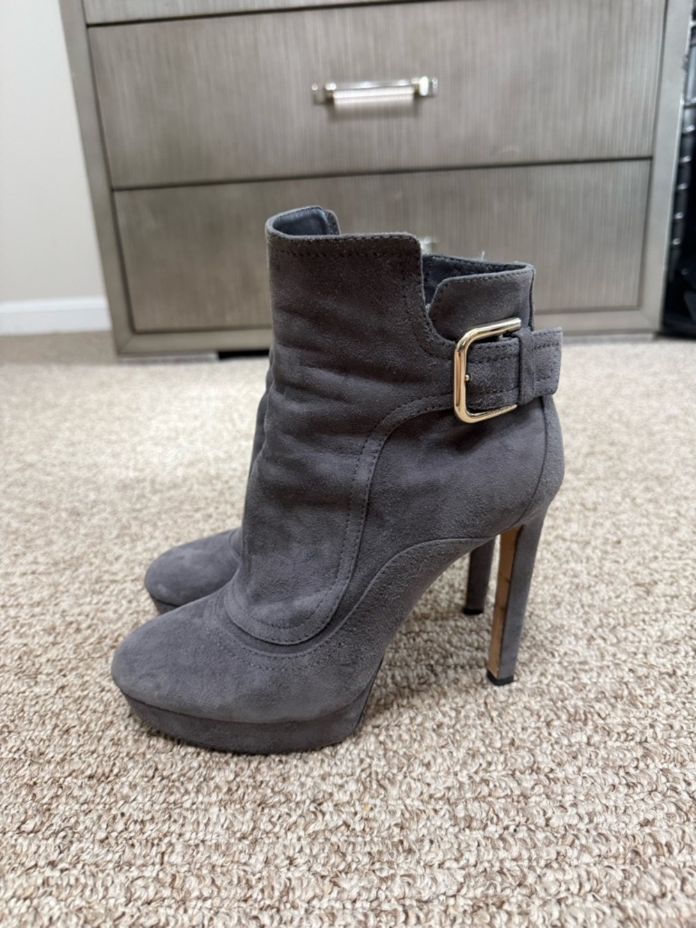 Jimmy Choo Gray Suede High Heel Ankle Booties with Gold Buckle